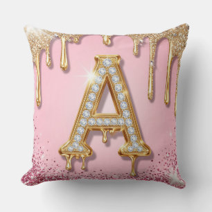 Coussin Monogramme Cadre Or Paillettes Roses Diamant A