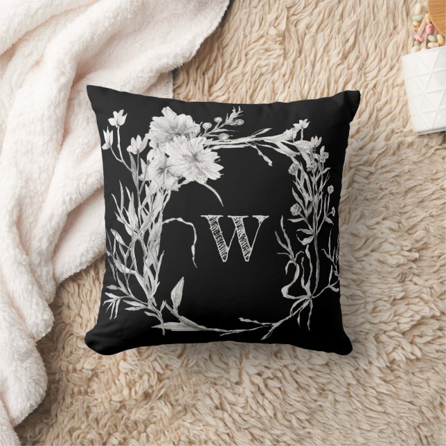 Coussin Monogramme Chic noir monochrome Floral (Couverture)