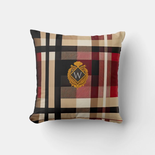 Coussin Monogramme Classique Style Plaid Beige Rouge & Noi (Recto)
