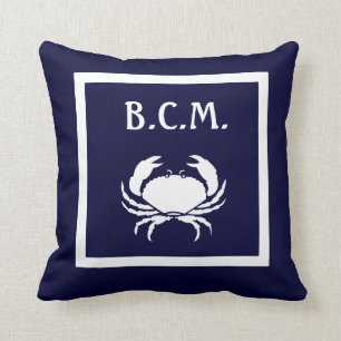 Coussin monogramme & CRABE BLANC BLANC Ancre sur BLEU