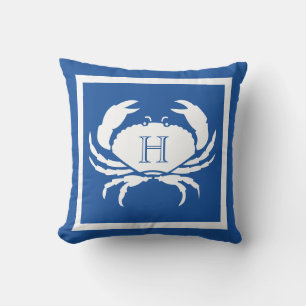 Coussin Monogramme Crabe Bleu Blanc Nautique Pill Extérieu