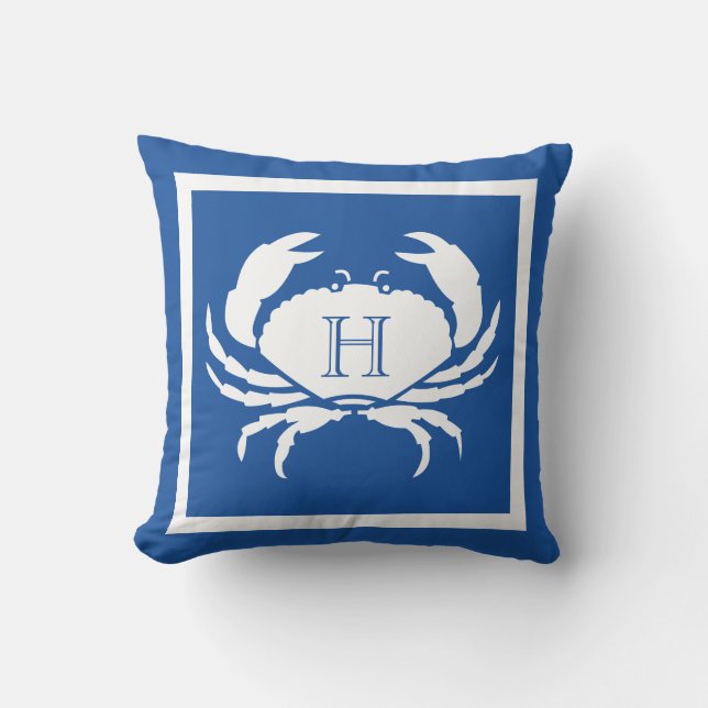 Coussin Monogramme Crabe Bleu Blanc Nautique Pill Extérieu (Recto)