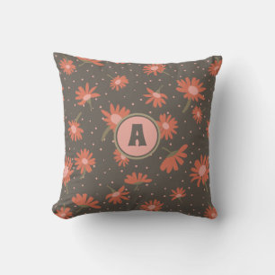 Coussin Monogramme Daisies Coral rose Brown Fleur Motif
