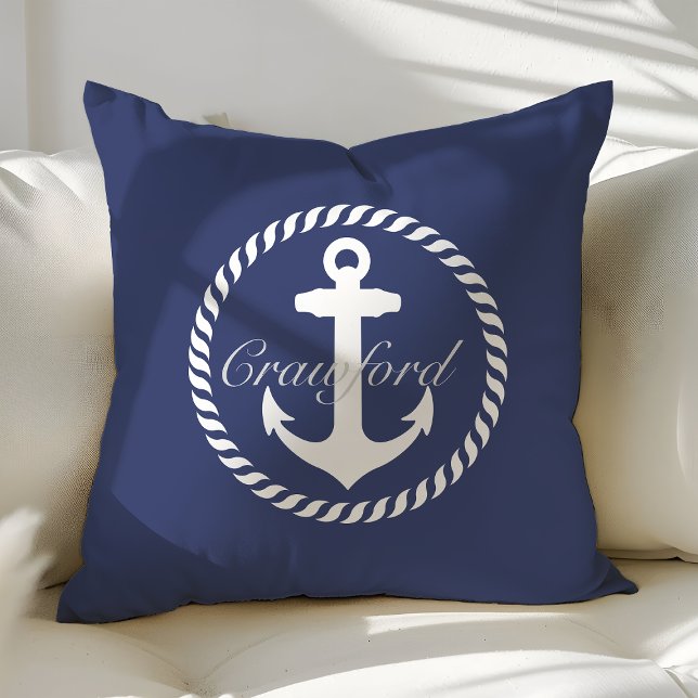 Coussin Monogramme d'Ancre marine bleu et blanc Preppy (Créateur téléchargé)