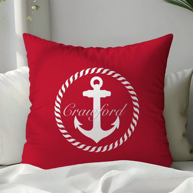 Coussin Monogramme d'Ancre nautique blanc et rouge de Prep (Créateur téléchargé)