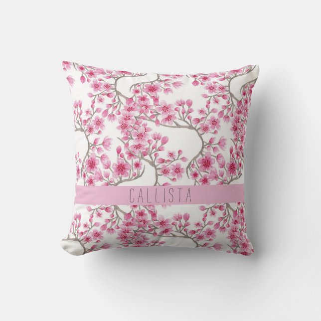 Coussin Monogramme d'aquarelle florale de fleurs de cerisi (Recto)