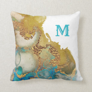 Coussin Monogramme d'aquarelle Turquoise Abstrait Gold Aga