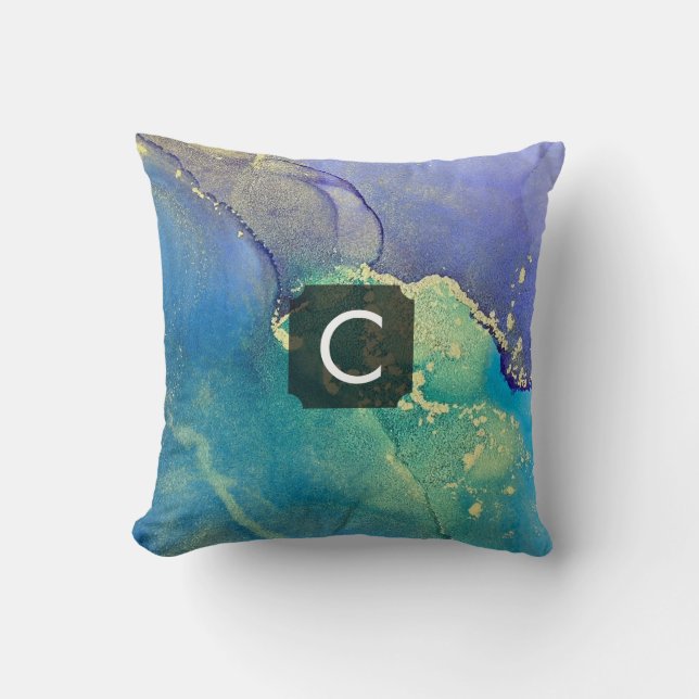 Coussin Monogramme d'art abstrait bleu violet et or (Recto)