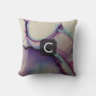 Coussin Monogramme d'art liquide Abstrait violet, bleu et