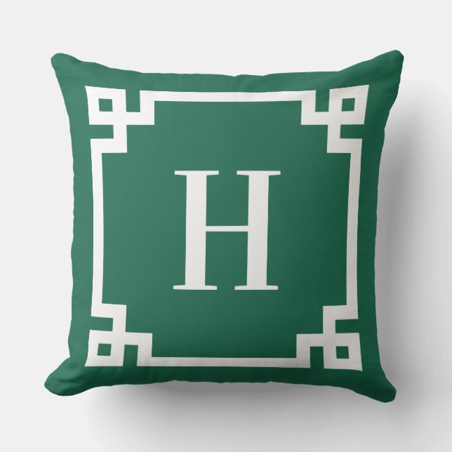 Coussin Monogramme de bordure clé grecque verte et blanche (Recto)