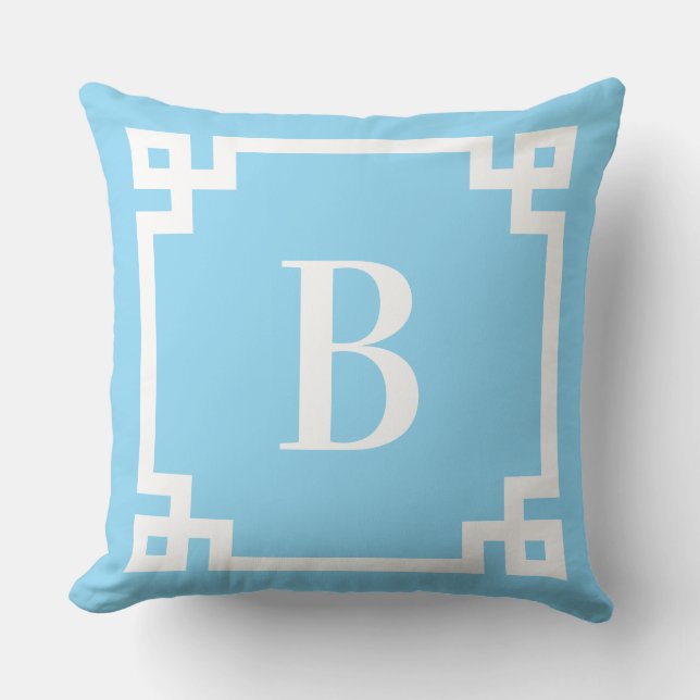 Coussin Monogramme de bordure de clé grecque bleu clair et (Recto)