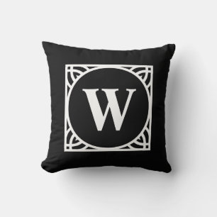 Coussin Monogramme de bordure élégant noir et blanc
