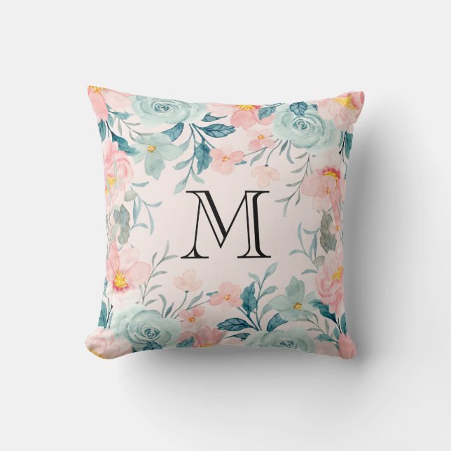 Coussin Monogramme de bordure rose et vert (Recto)