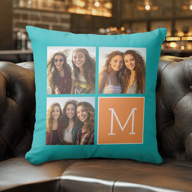 Coussin Monogramme de collection de photos orange et bleu  (Custom Photo Pillow)