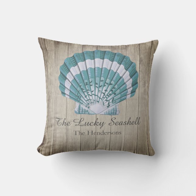 Coussin Monogramme de coquillage bleu sur la côte nautique (Recto)