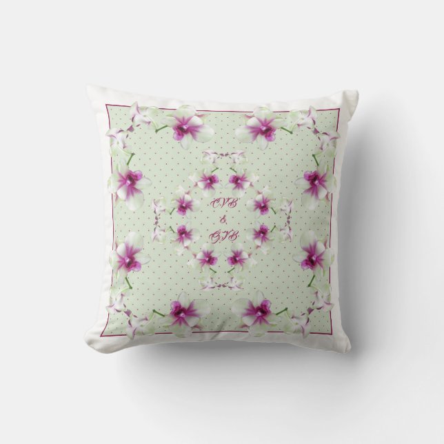 Coussin Monogramme de couple Orchidées rouges et vertes Co (Recto)