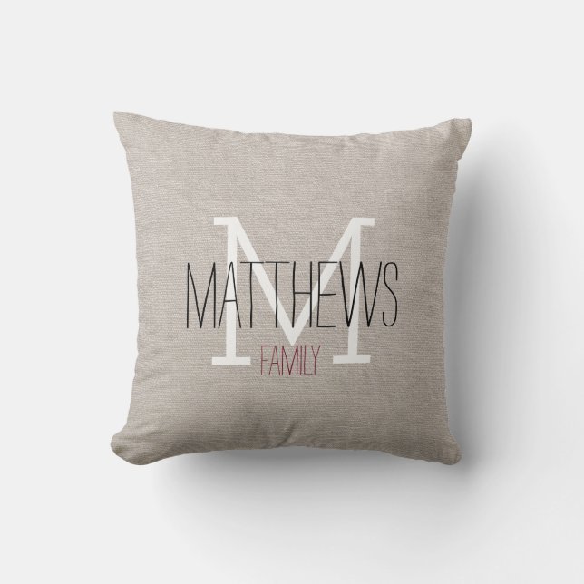 Coussin Monogramme de famille de lin rustique (Recto)