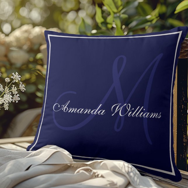 Coussin Monogramme de famille initiale bleu marine élégant (Créateur téléchargé)