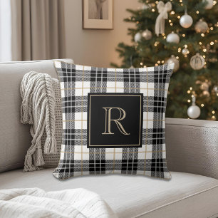 Coussin Monogramme de famille tartan noir et Brown