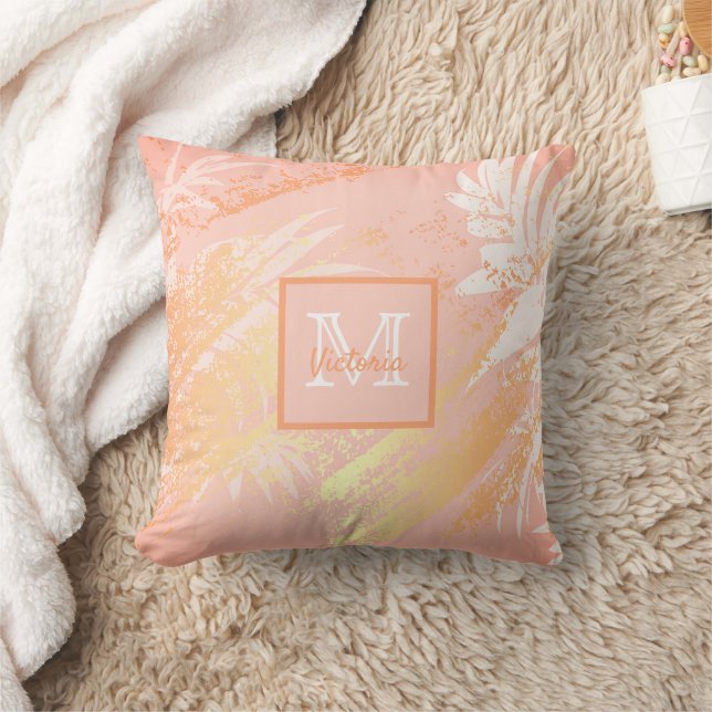 Coussin monogramme de feuillage de palmier d'or rose (Couverture)