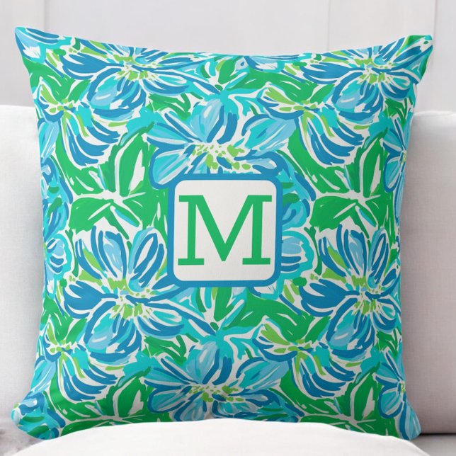 Coussin Monogramme de fleurs bleues preppy (Créateur téléchargé)
