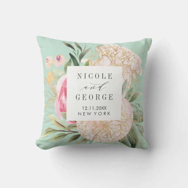 Coussin Monogramme de fleurs de pivoine et d'or mariage (Recto)