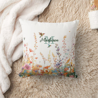 Coussin Monogramme de fleurs sauvages à l'aquarelle Nom pe
