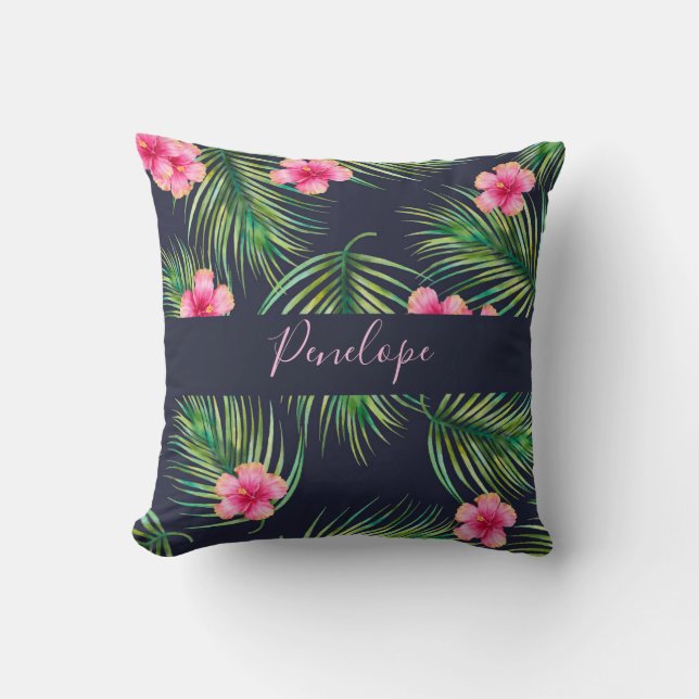 Coussin Monogramme de fougères tropicales de la Marine ros (Recto)