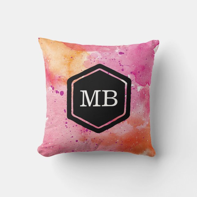 Coussin monogramme de galaxie rose et orange (Recto)