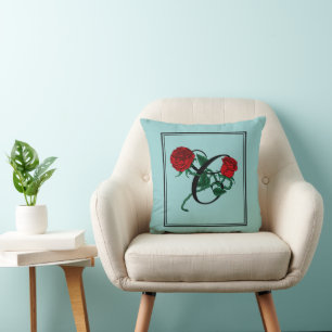 Coussin Monogramme de lettre C Script avec Roses Rouges Tu