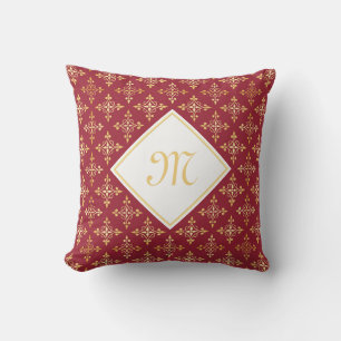 Coussin Monogramme de luxe Rouge et Or Quatre Floral