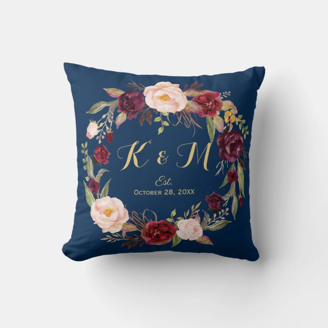 Coussin Monogramme de Mariage bleu de la marine de couronn (Recto)