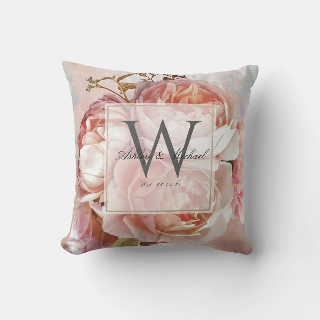 Coussin MONOGRAMME DE MARIAGE SCRIPT | Roses Roses Peonies (Recto)