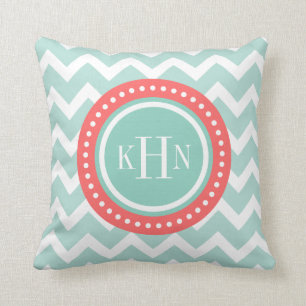 Coussin Monogramme de menthe et corail Chevron
