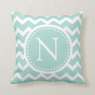 Coussin Monogramme de menthe verte Chevron Girly ZigZag