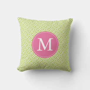 Coussin Monogramme de Motif clé grec rose vert Kiwi