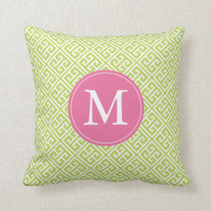 Coussin Monogramme de Motif clé grec rose vert Kiwi