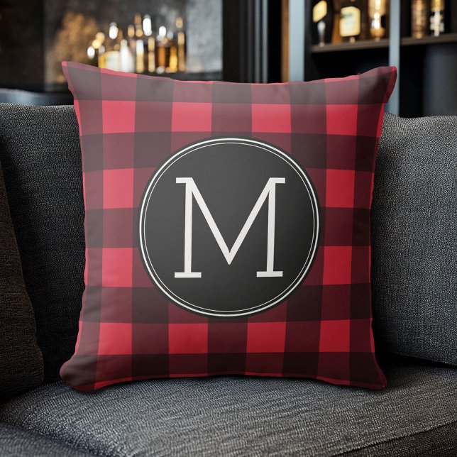 Coussin Monogramme de Motif de buffle rouge et noir rustiq (Custom Monogram Pillow)