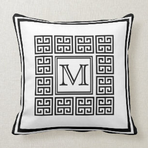 Coussin Monogramme de motif géométrique grec moderne à clé