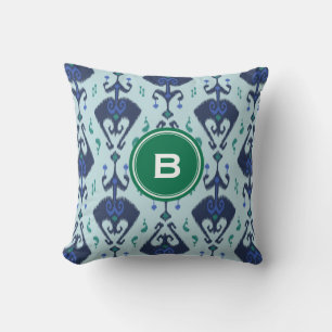 Coussin Monogramme de motif tribal ikat bleu vert moderne