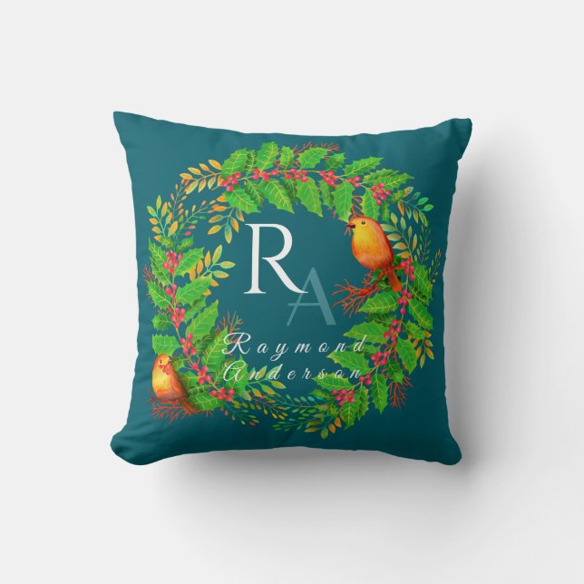 Coussin Monogramme de Noël bleu océan (Recto)