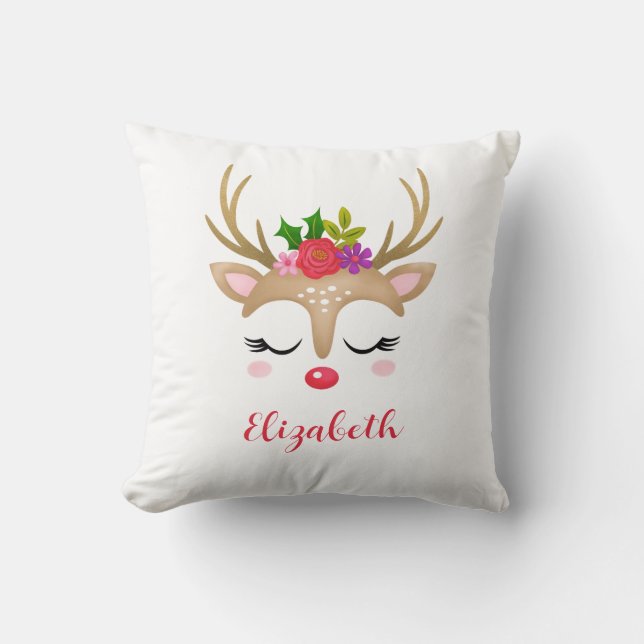 Coussin Monogramme de Noël des rennes roses mignons (Recto)
