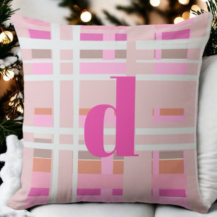 Coussin Monogramme de Noël rose plaid blanc orange