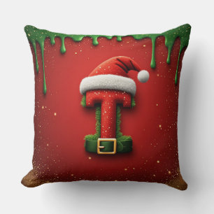 Coussin Monogramme de Noël T avec chapeau de Père Noël Cad
