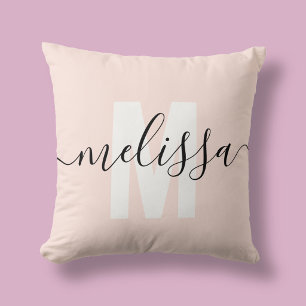 Coussin Monogramme de nom calligraphie girly rose
