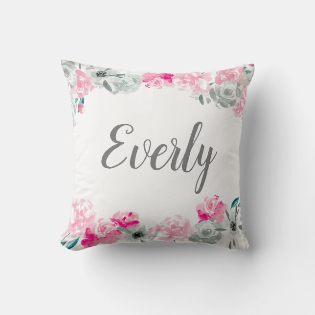 Coussin Monogramme de nom de fille personnalisé Fleur aqua (Recto)