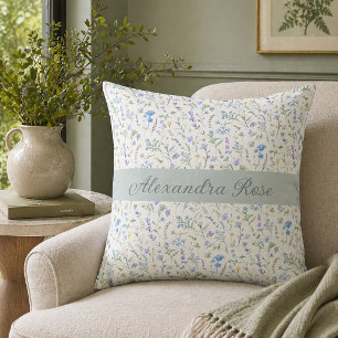 Coussin Monogramme de nom de fleur sauvage aquarelle bleu 
