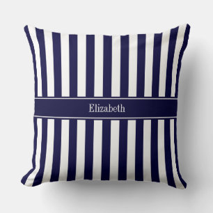 Coussin Monogramme de nom de ruban bleu marine à rayure bl