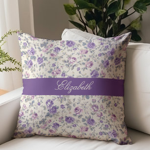 Coussin Monogramme de nom de style floral violet rose vint