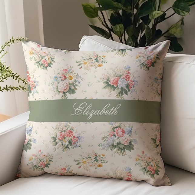 Coussin Monogramme de nom de style script floral de campag (Créateur téléchargé)